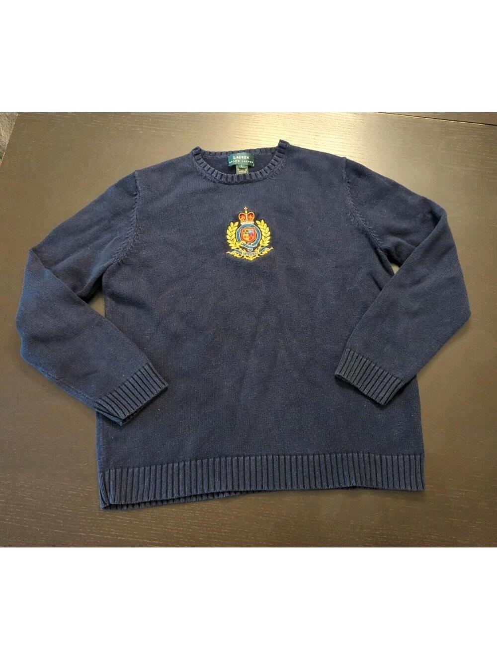 L Lauren Ralph Lauren Women's Navy Sweater 100% Cotton Embroidered Crest Crew